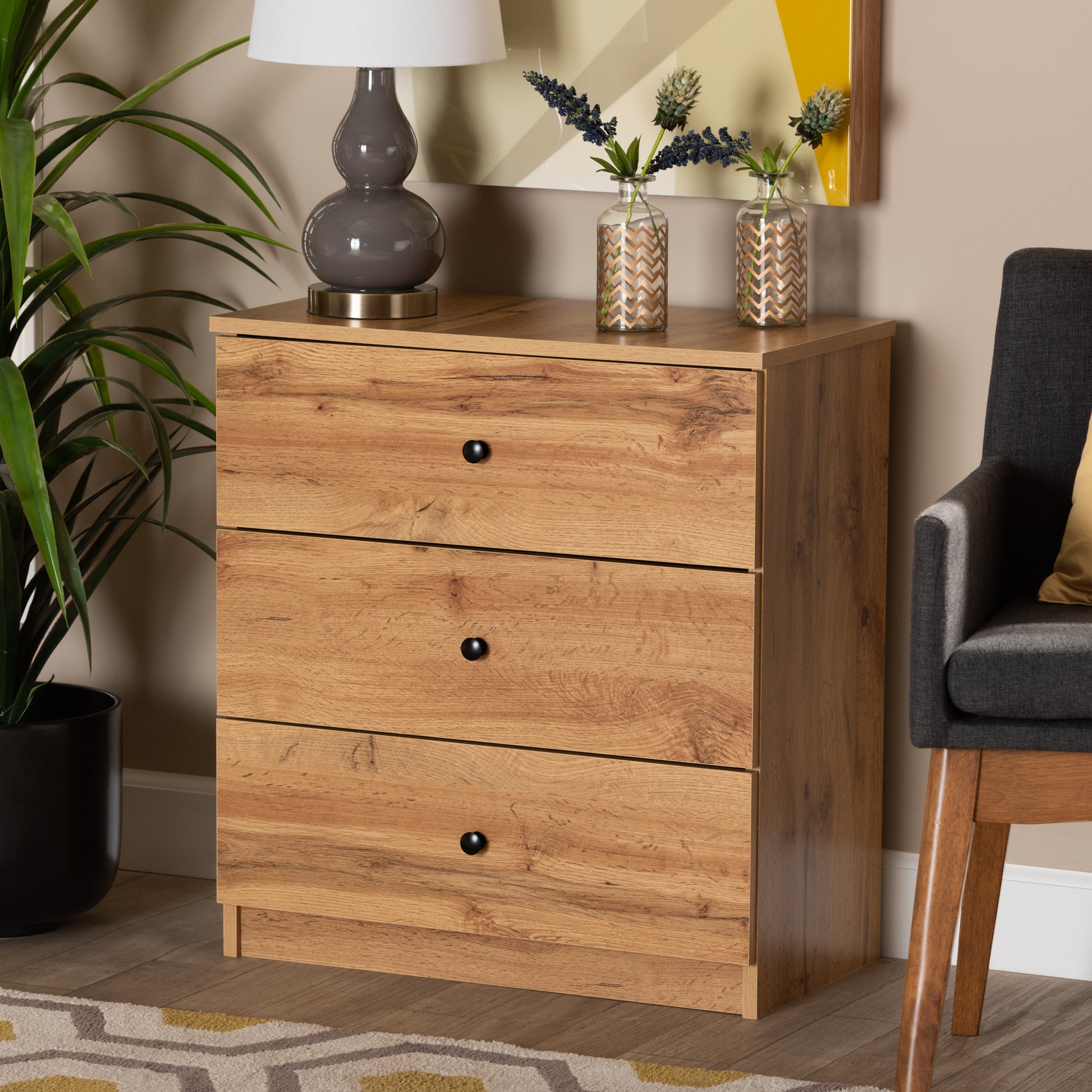 Decon Modern and Contemporary Oak Brown Finished Wood 3-Drawer Storage Chest