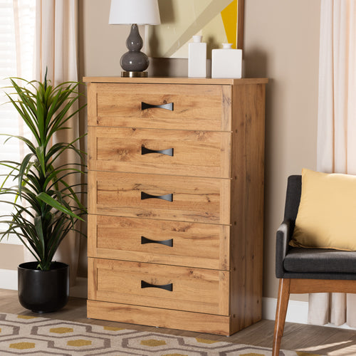 Colburn Modern and Contemporary Oak Brown Finished Wood 5-Drawer Tallboy Storage Chest