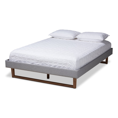Bluepebble - Liliya Mid-Century Modern Light Grey Fabric Upholstered Walnut Brown Finished Wood Full Size Platform Bed Frame