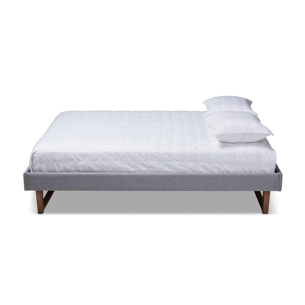 Bluepebble - Liliya Mid-Century Modern Light Grey Fabric Upholstered Walnut Brown Finished Wood Full Size Platform Bed Frame