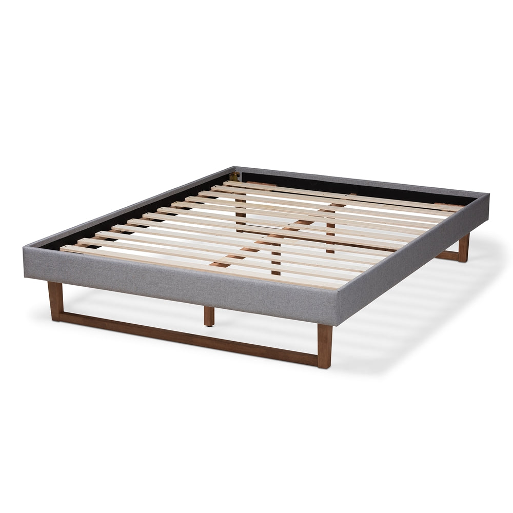 Bluepebble - Liliya Mid-Century Modern Light Grey Fabric Upholstered Walnut Brown Finished Wood Full Size Platform Bed Frame