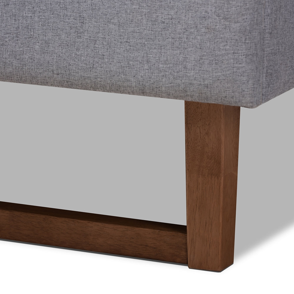 Bluepebble - Liliya Mid-Century Modern Light Grey Fabric Upholstered Walnut Brown Finished Wood Full Size Platform Bed Frame