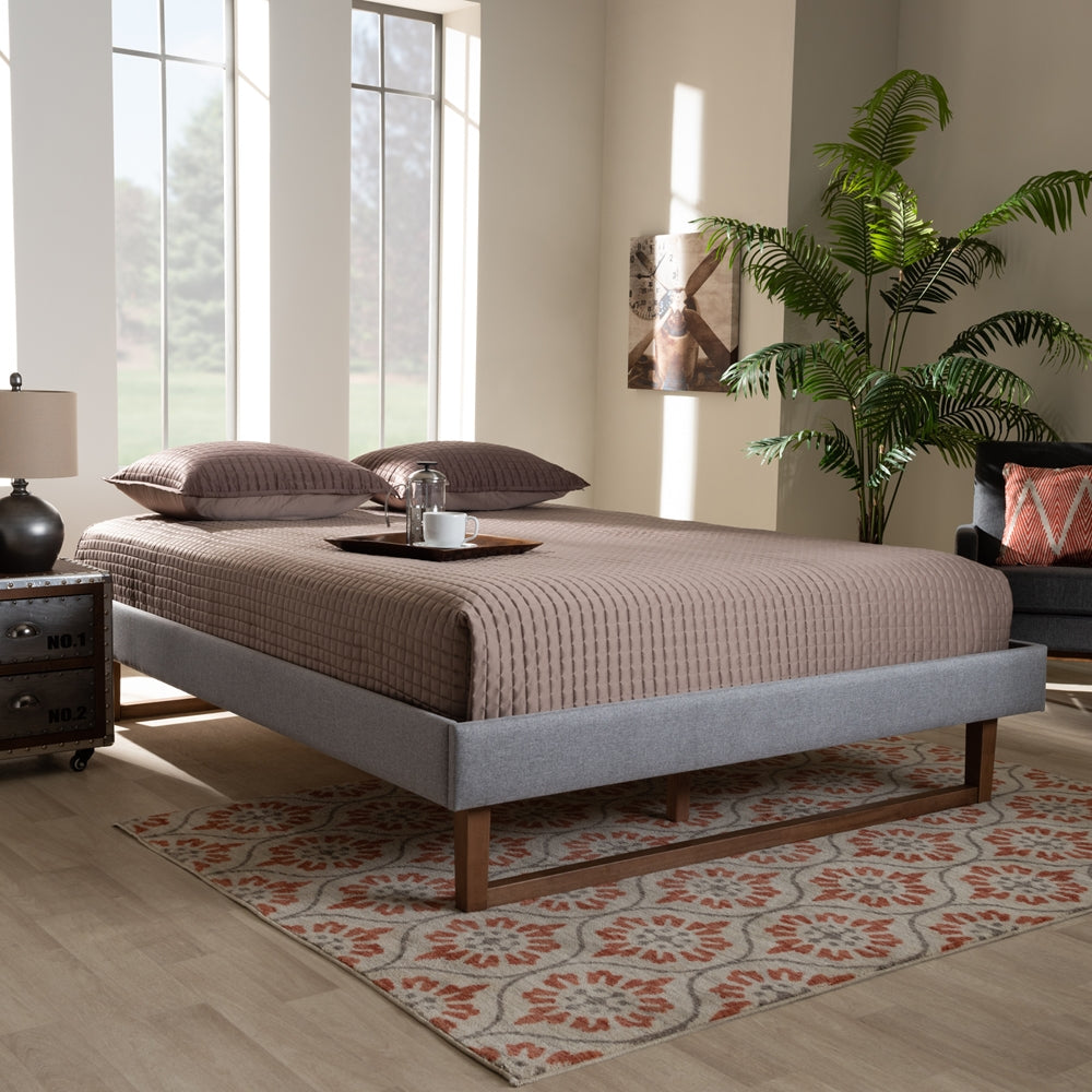 Bluepebble - Liliya Mid-Century Modern Light Grey Fabric Upholstered Walnut Brown Finished Wood Full Size Platform Bed Frame