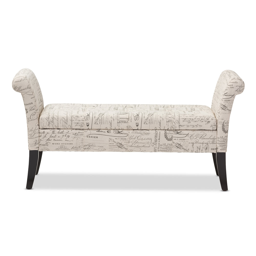 Avignon Script-Patterned French Laundry Fabric Storage Ottoman Bench